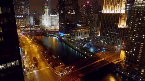 Downtown Chicago River Night Time Lapse Time Lapse Shot Overlooking