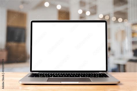 Laptop Blank Screen On Wood Table With Coffee Cafe Background Mockup