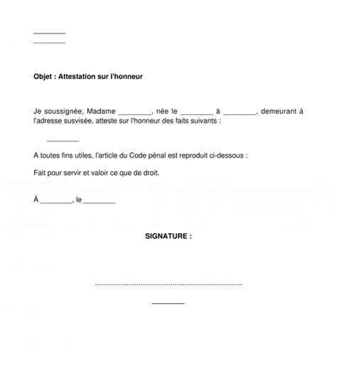 Attestation Sur Lhonneur Modèle Exemple à Remplir