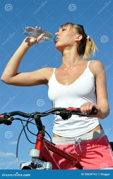 Attractive Woman Drinking Cold Water Stock Photo Image Of Gulp Bike