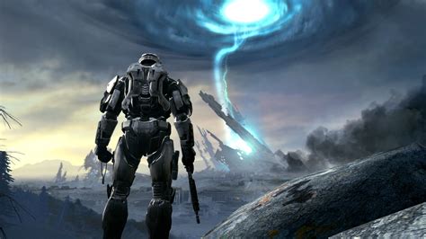 Halo Warrior Back View With Background Of Lightning 4k 5k Hd Games