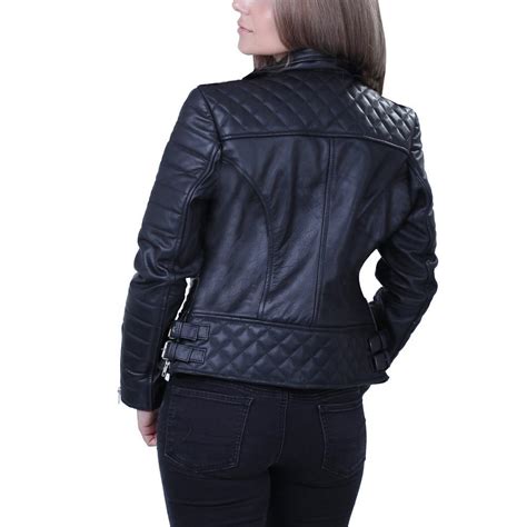 Women Ebony Quilted Black Biker Leather Jacket Leather Skin Shop