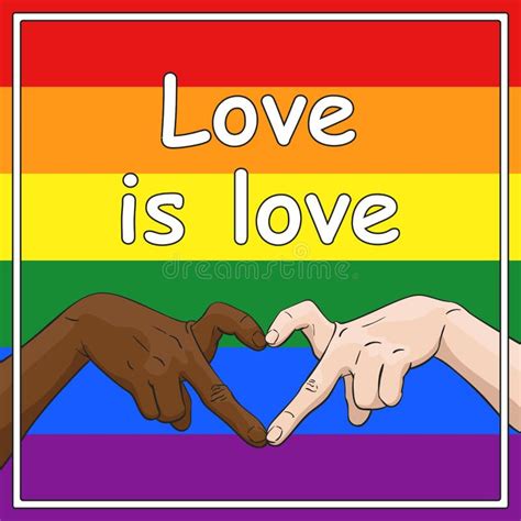 lgbt gay pride banner with love is love text and multiracial hands showing heart shape gesture