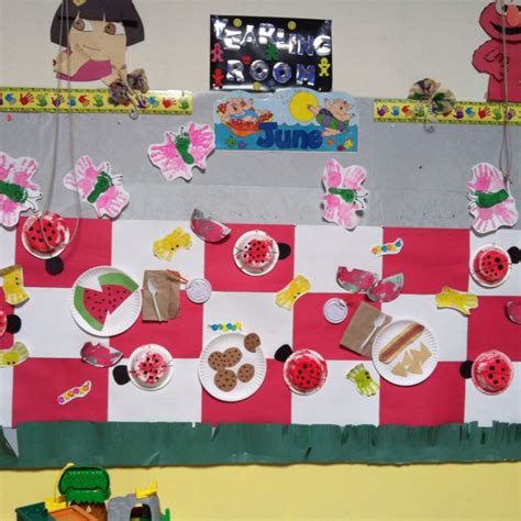 This rich chestnut brown willow basket is lined with quilted red. Picnic bulletin board with bugs! #preschool | Preschool ...
