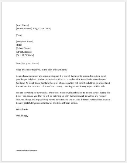 Absence excuse letter for educational institute. Absence Excuse Letters to School | Word & Excel Templates