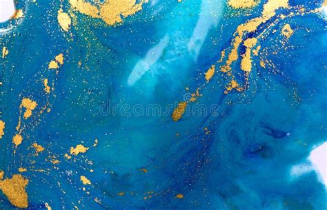 Marbled Blue And Gold Abstract Background Liquid Marble Pattern Stock