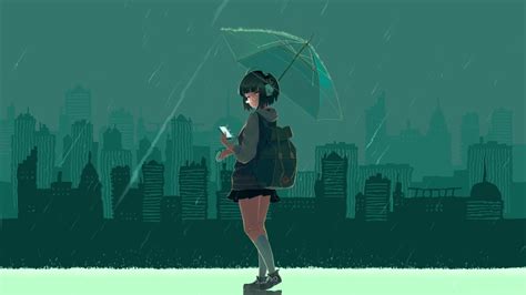 Anime Girl With Umbrella In The Rain