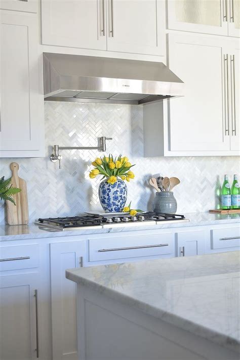 White Herringbone Backsplash Kitchen