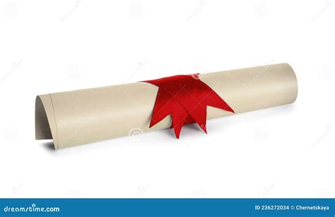 Rolled Student`s Diploma With Red Ribbon Isolated On White Stock Photo