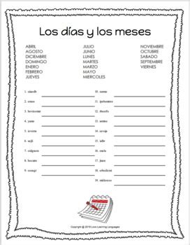 spanish months  days scrambled words worksheet los dias  los meses
