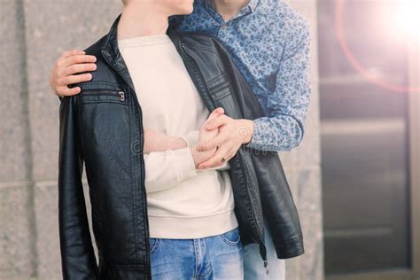 Cute Gay Couple In The City Tender Gentle Kissing Smiling Stock Photo