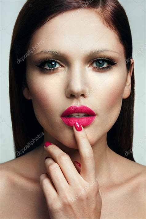 Portrait Of Beautiful Girl With Pink Lips Stock Photo Korabkova