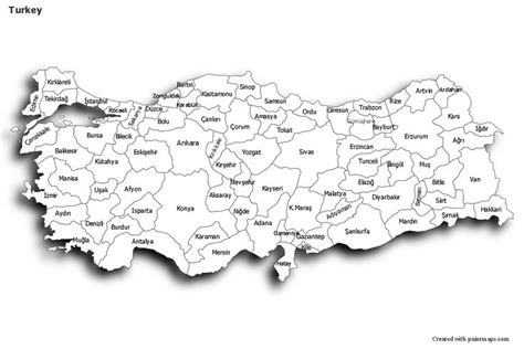 A Black And White Map Of Turkey With All The States Labeled In It S Capital