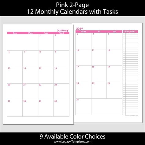 55 X 85 Planner Template Beautiful 2019 12 Months 2 Page Calendar