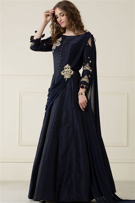 Buy Midnight Blue Raw Silk Zari Embroidered Draped Gown Online Drape