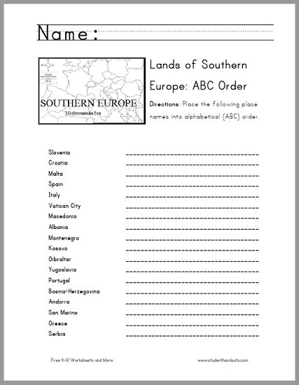 Southern European Countries In Abc Order Worksheet Student Handouts