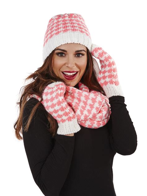 Ladies Womens Knitted Gloves Mittens Beanie Hat Snood Scarf Set Pink Lime Winter Ebay