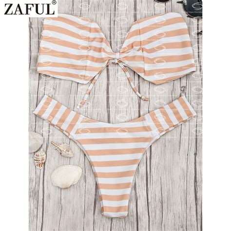 Zaful 2017 Women New Striped Bandeau Bow Bikini Set Sexy Low Waisted