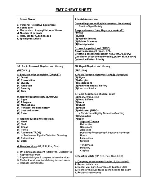 Emt Study Sheet Emt Cheat Sheet Scene Size Up A Personal Protective
