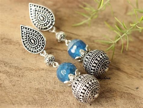 Blue Gemstone Silver Post Ethnic Earrings At Azilaa