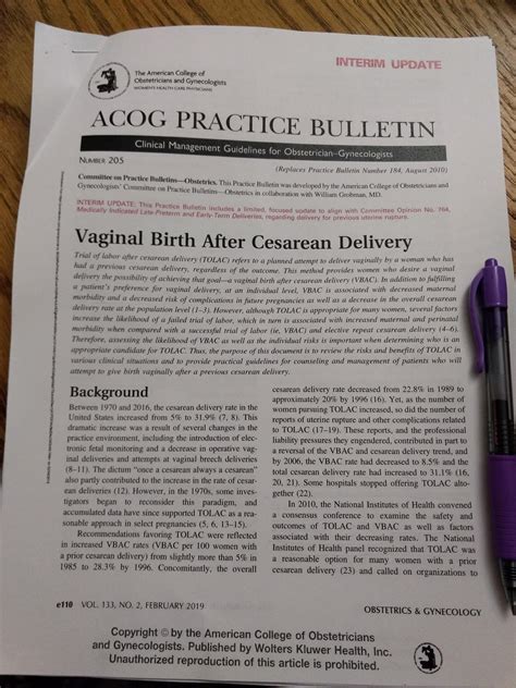 Acog Practice Bulletin 205 On Vbac Management Published February 2019