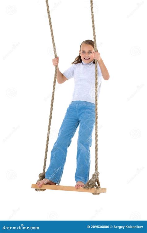 Preteen Girl Having Fun On Rope Swing Stock Photography Cartoondealer