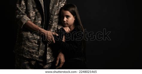 Masculine Sad Military Man Hugging Her Stock Photo 2248021465