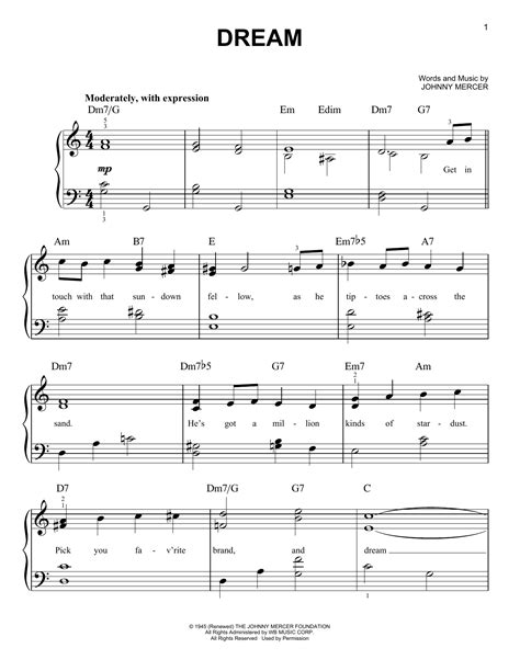 Dream Sheet Music Johnny Mercer Easy Piano