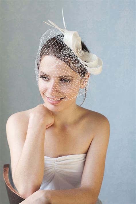 Bridal Fascinator With French Veil And Feathers Wedding Birdcage With