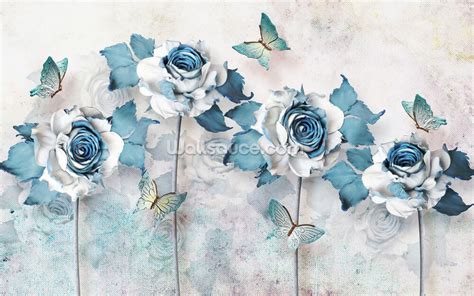 Blue Butterfly Roses Wall Mural Wallsauce Uk