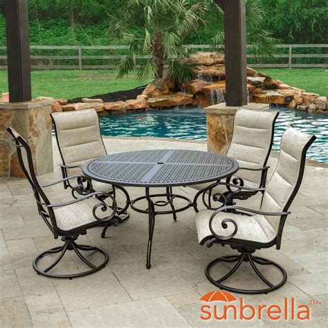 Elysian 5 Piece Padded Sunbrella Sling Patio Dining Set W 52 Inch Round Table And Swivel Rockers