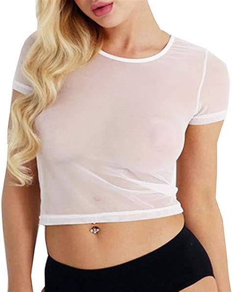 Etaoline Womens Sexy Mesh Crop Tops See Through Sheer Tight Shirts