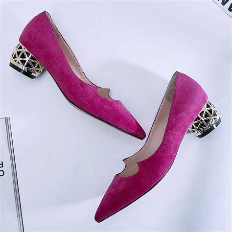 Eye Catching Suede Pink Pointed Toe Metallic Textured Block Heel Pumps Blurmark