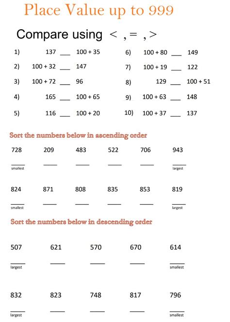 Place Value Up To 999 Compare And Order Worksheet