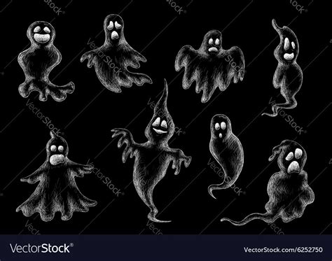 Halloween Flying Ghost Sketches On Black Vector Image