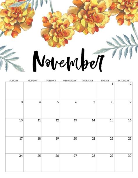 Free Printable Calendar 2019 Floral Print Calendar November