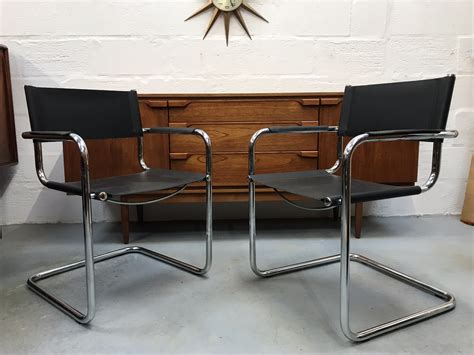 2 X Retro Style Italian Black Faux Leather And Chrome Chairs Bauhaus Style