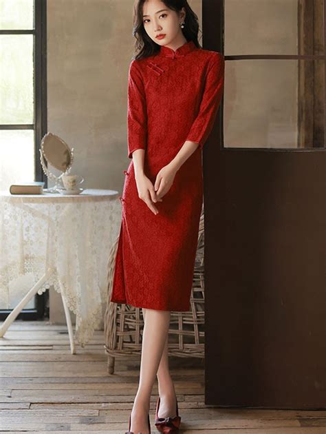 Red Lace Mid Wedding Cheongsam Qipao Dress Cozyladywear