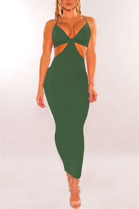Army Green Sexy Solid Hollowed Out Patchwork Spaghetti Strap Pencil Skirt Dresses Club Dresses