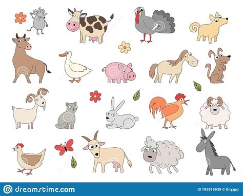 Cattle, sheep, pigs, and chickens are considered farm animals, while cats and dogs are considered pets. Set Of Cute Farm Animals - Dog, Cat, Cow, Pig, Hen, Cock ...