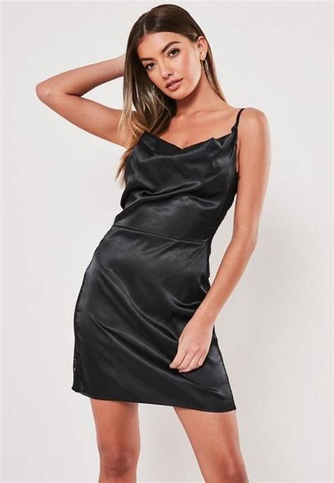 Missguided Black Satin Lace Side Cowl Neck Mini Dress Mini Dress