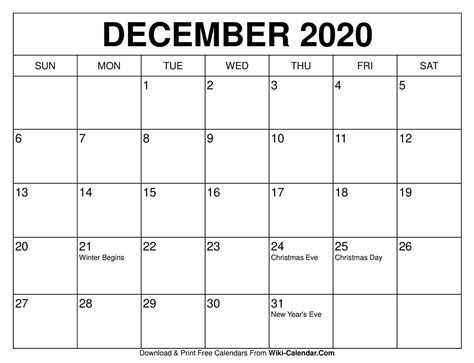 Free Printable December 2020 Calendars