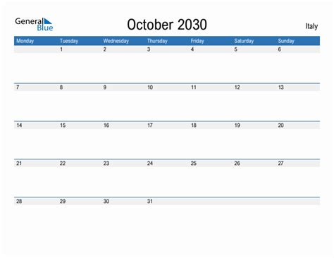 Editable October 2030 Calendar With Italy Holidays