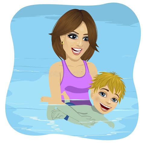 Little Boy Learning To Swim Swimming Pool Mother Holding Child Stock
