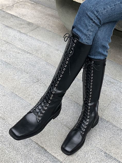 Leather Knee High Combat Boots Cowhide Square Toe Flat Lace Up Boots