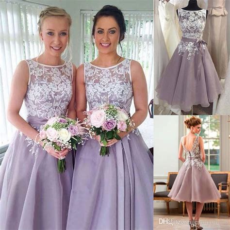 Dusty Purple Bridesmaid Dress With White Lace Tea Length V