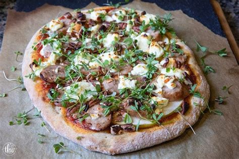 Apple Chicken Sausage Pizza With Goat Cheese Pecans And Roasted Tomato
