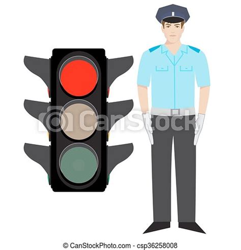 Policeman And Traffic Light Ector Policeman Showing Stop Gesture Red
