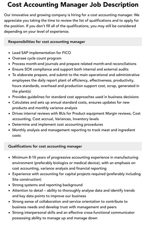 Cost Accounting Manager Job Description Velvet Jobs
