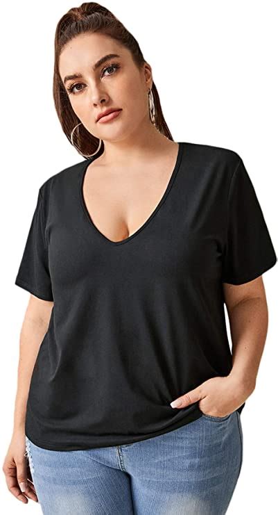 Womens Plus Size Deep V Neck Short Sleeve T Shirt Solid Basic Tee Wf